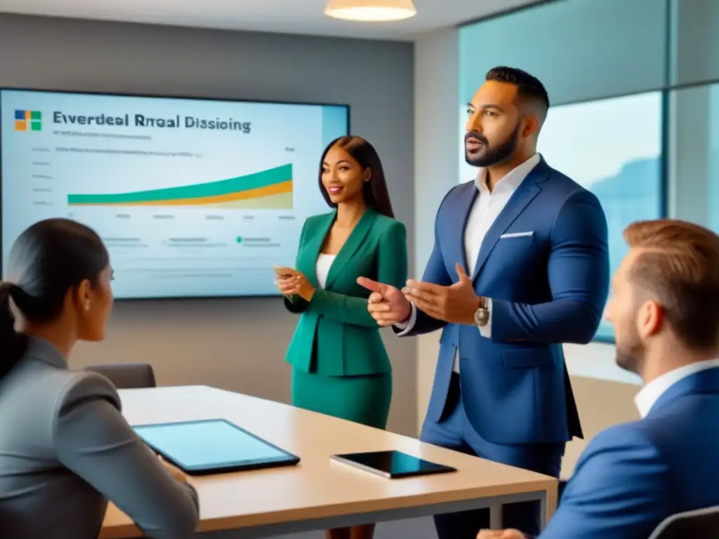 Profesionales diversificados en clase de finanzas inmobiliarias Una imagen vibrante de profesionales diversos en aula moderna, discutiendo estrategias de financiamiento inmobiliario