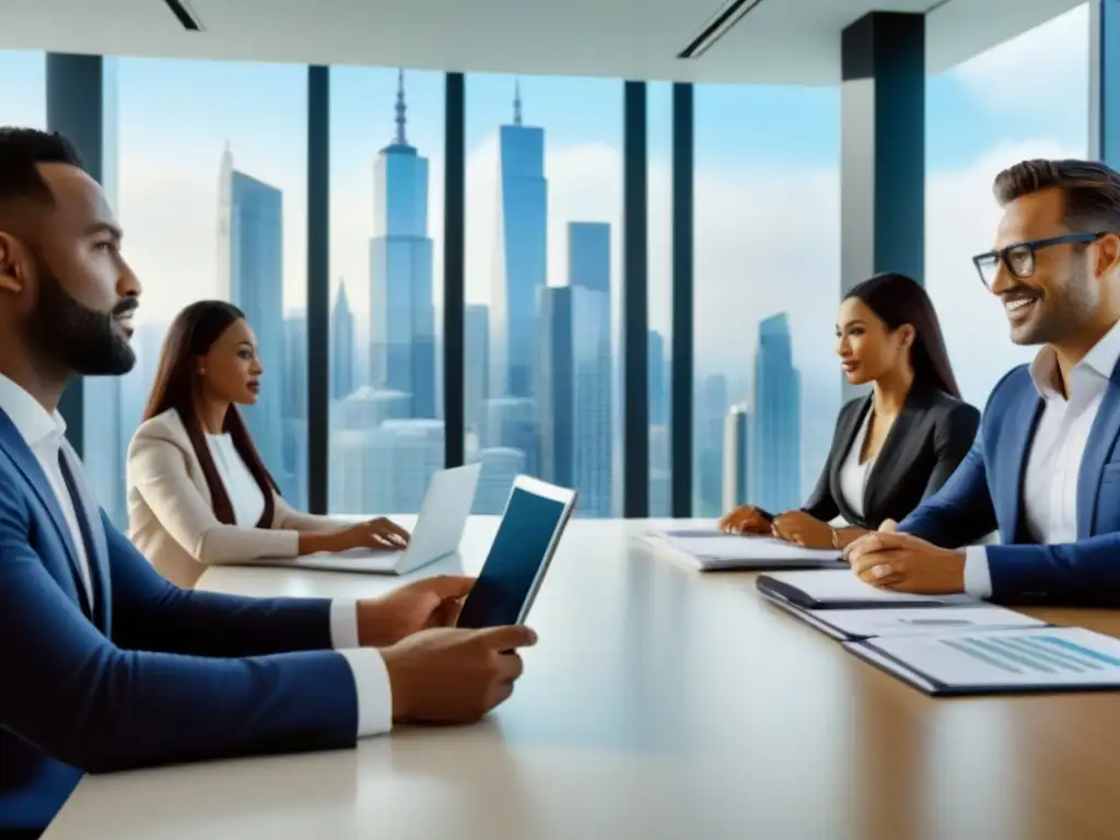 Profesionales internacionales debaten financiamiento inmobiliario en oficina moderna Una imagen vibrante de profesionales en una oficina moderna discutiendo sobre financiamiento inmobiliario en mercados extranjeros