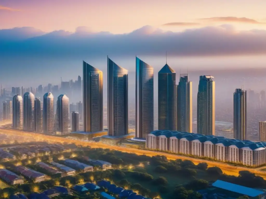 Metrópolis futurista: innovación y progreso en armonía Impactante ciudad futurista al atardecer, reflejo de progreso y modernidad