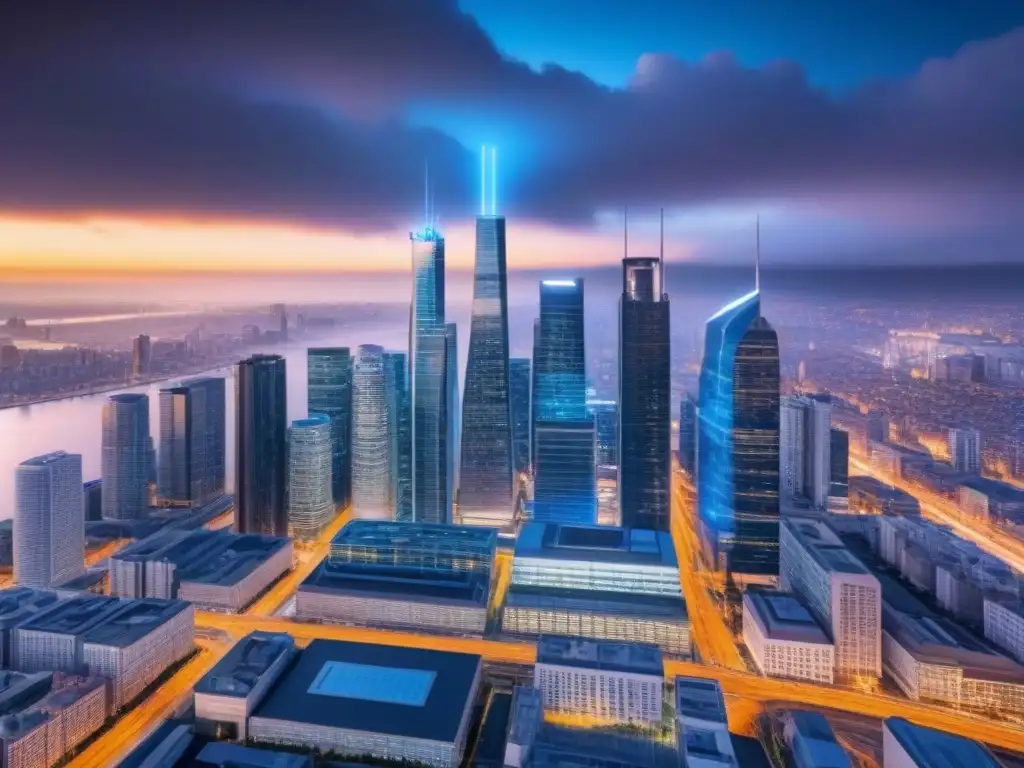 Metrópolis Futurista: Tecnología y Real Estate Impactante ciudad futurista de tecnologías emergentes REITs comerciales en tonos futuristas y sofisticados
