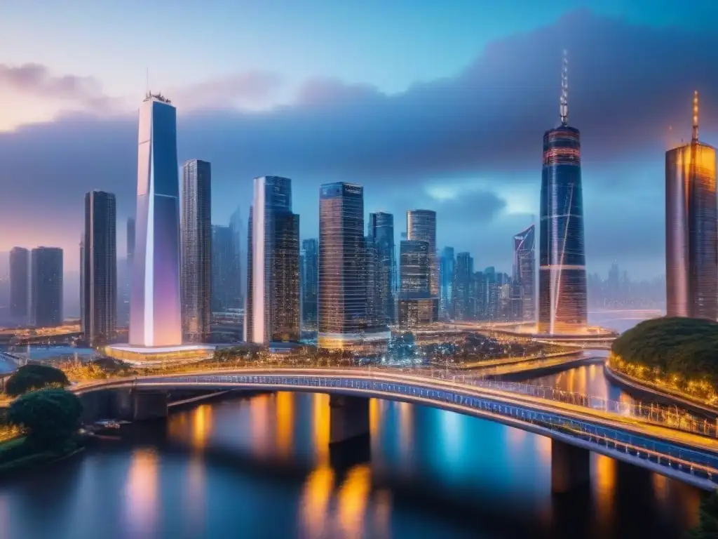 Metrópolis nocturna: luces vibrantes y vida urbana en un paisaje moderno Impactante desarrollo urbano ilumina la ciudad al anochecer, reflejando la vitalidad de las economías locales