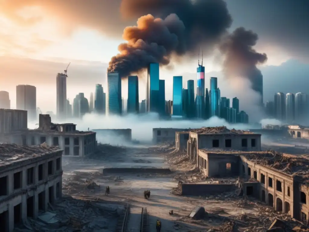 Inversiones inmobiliarias en zonas de conflicto: lujo y destrucción Impactante ilustración digital de una ciudad futurista con rascacielos imponentes frente a ruinas humeantes