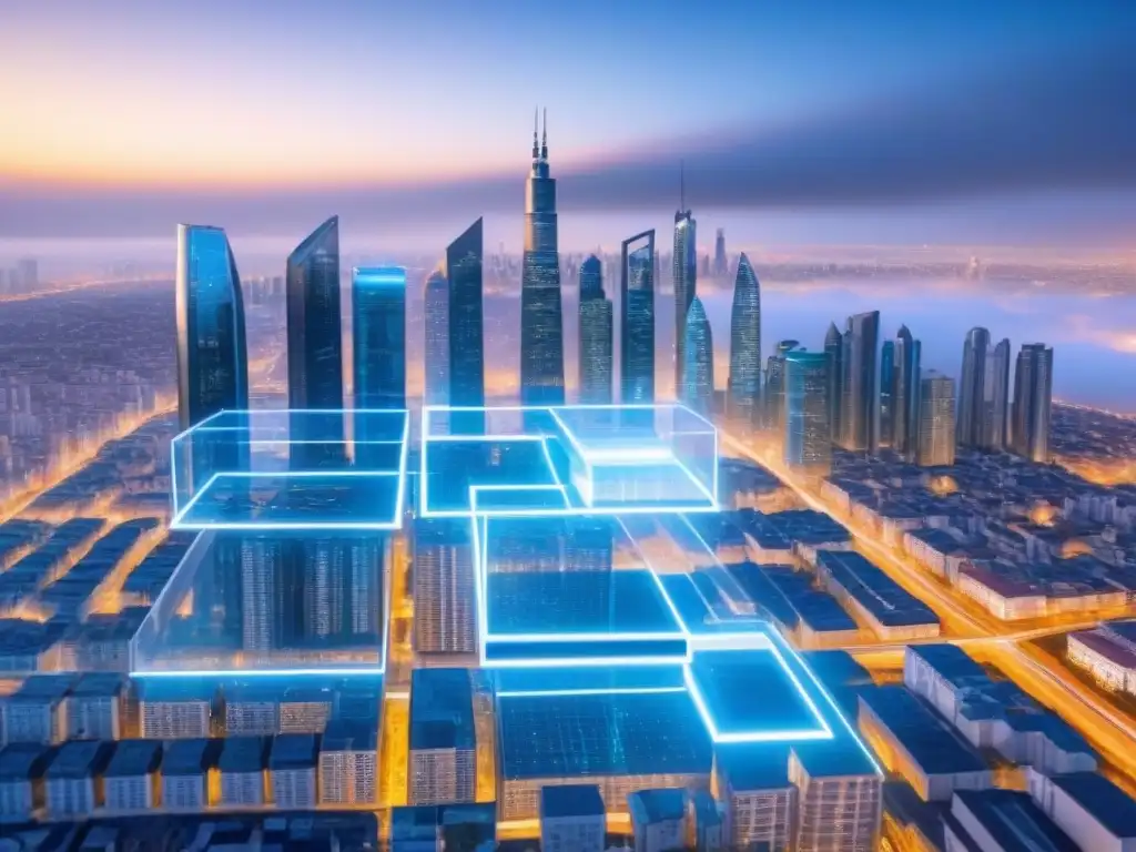 Metropolis futurista: Blockchain en el sector inmobiliario Impactante metrópolis futurista con edificios transparentes y tecnología Blockchain en el mercado inmobiliario