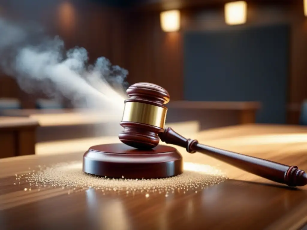 Impactante momento legal: un mazo golpea un bloque de madera en un juzgado moderno, mostrando los riesgos legales de invertir en bienes raíces