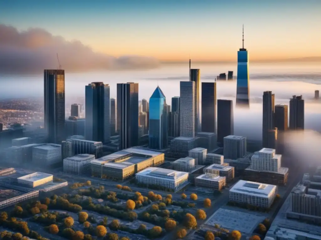 Skyline urbano: impacto de regulaciones en arquitectura Impactante skyline urbano con variados estilos arquitectónicos y alturas, reflejando las regulaciones de zonificación inmobiliaria