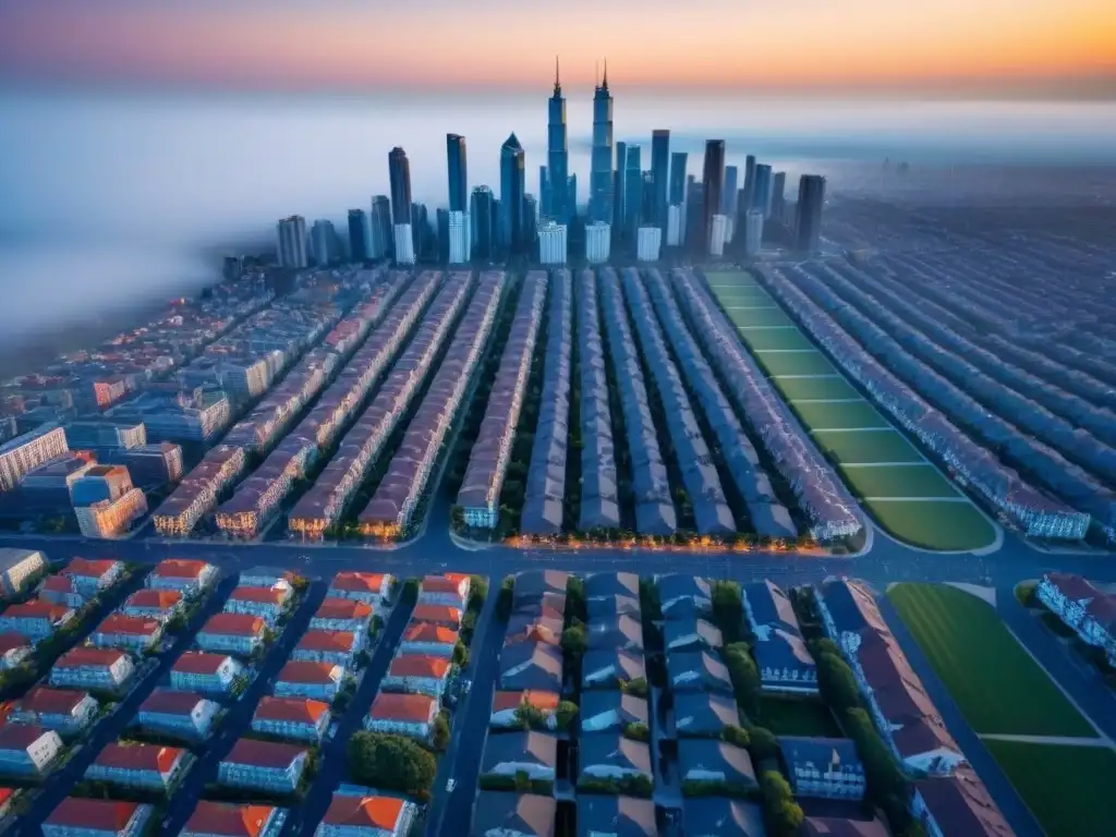 Contraste urbano: impacto de regulaciones en inmobiliaria Impactante vista aérea de ciudad: modernos rascacielos y casas tradicionales, reflejo de normativas inmobiliarias locales actualizadas