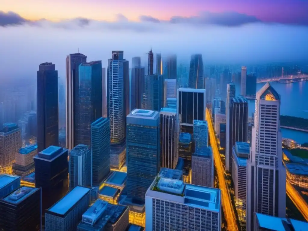 Vibrante mercado inmobiliario: ciudad moderna en crecimiento Impactante vista aérea de una ciudad llena de rascacielos, reflejando un mercado inmobiliario vibrante en 2021