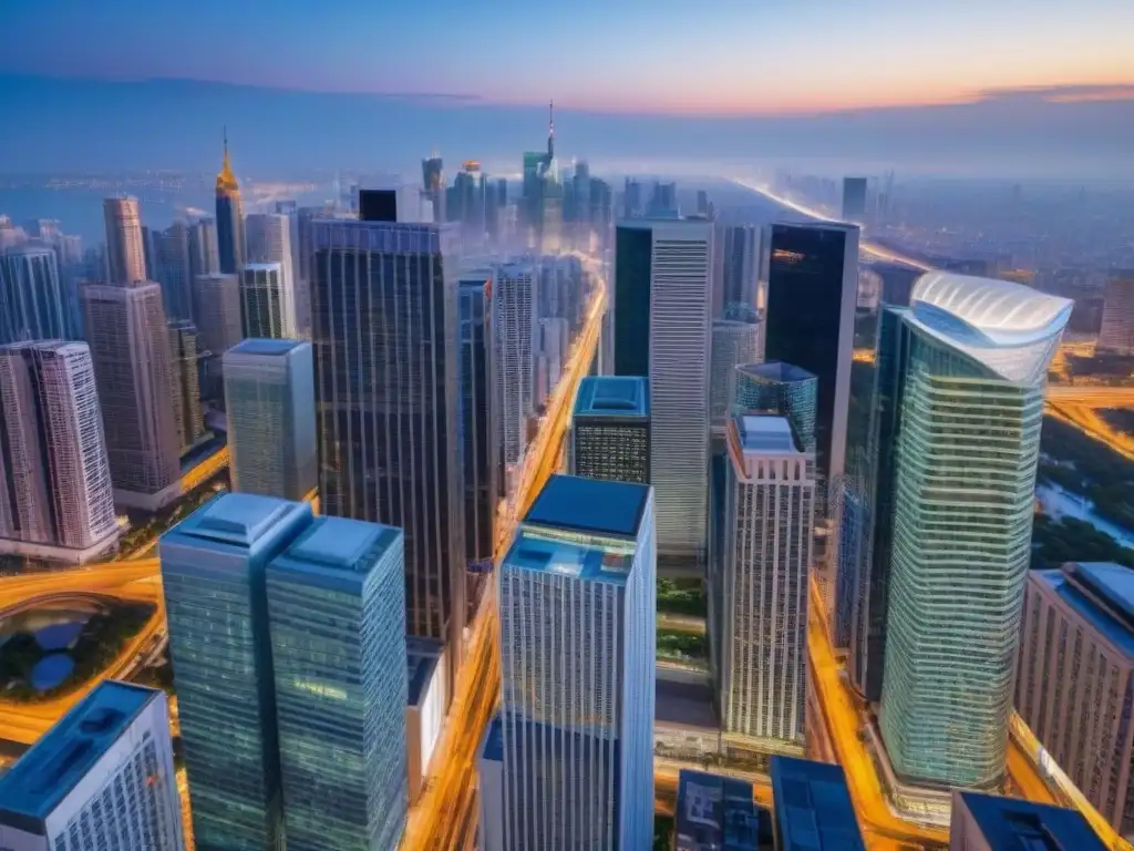 Horizonte urbano nocturno: luces vibrantes y oportunidades Impactante vista aérea de una ciudad vibrante al anochecer