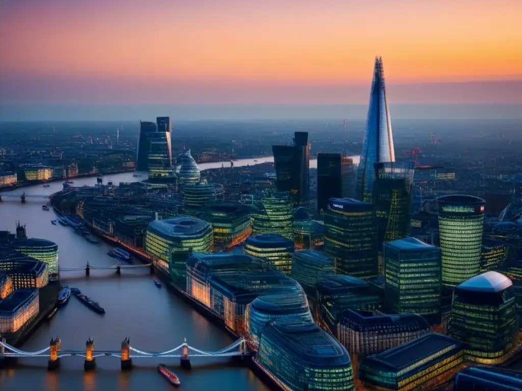 Skyline de Londres al anochecer: impacto del Brexit en bienes raíces Impactante vista de Londres al atardecer, reflejando el impacto del Brexit en el mercado inmobiliario