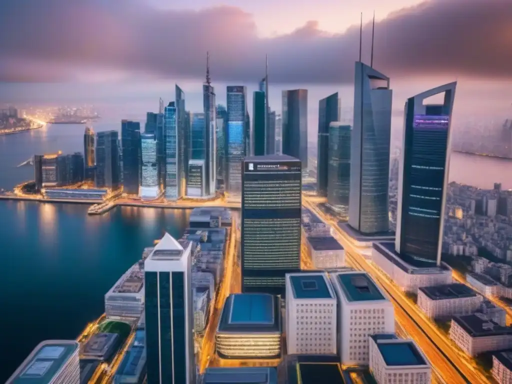 Central bank: símbolo de poder en ciudad futurista Impacto del banco central inmobiliario: un impresionante paisaje urbano con un imponente edificio central rodeado de modernos rascacielos