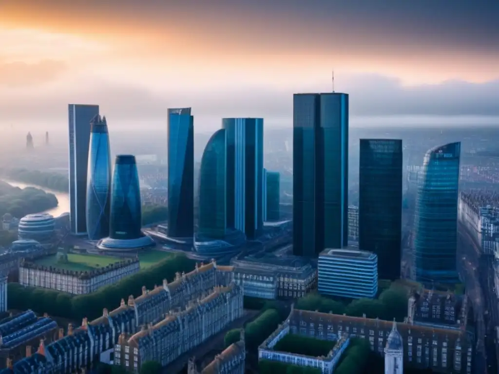 Skyline urbano con incertidumbre post-Brexit Impacto del Brexit en el mercado inmobiliario: una ciudad con rascacielos modernos y edificios históricos, con un gran signo de interrogación, simbolizando la incertidumbre y el riesgo en el mercado inmobiliario
