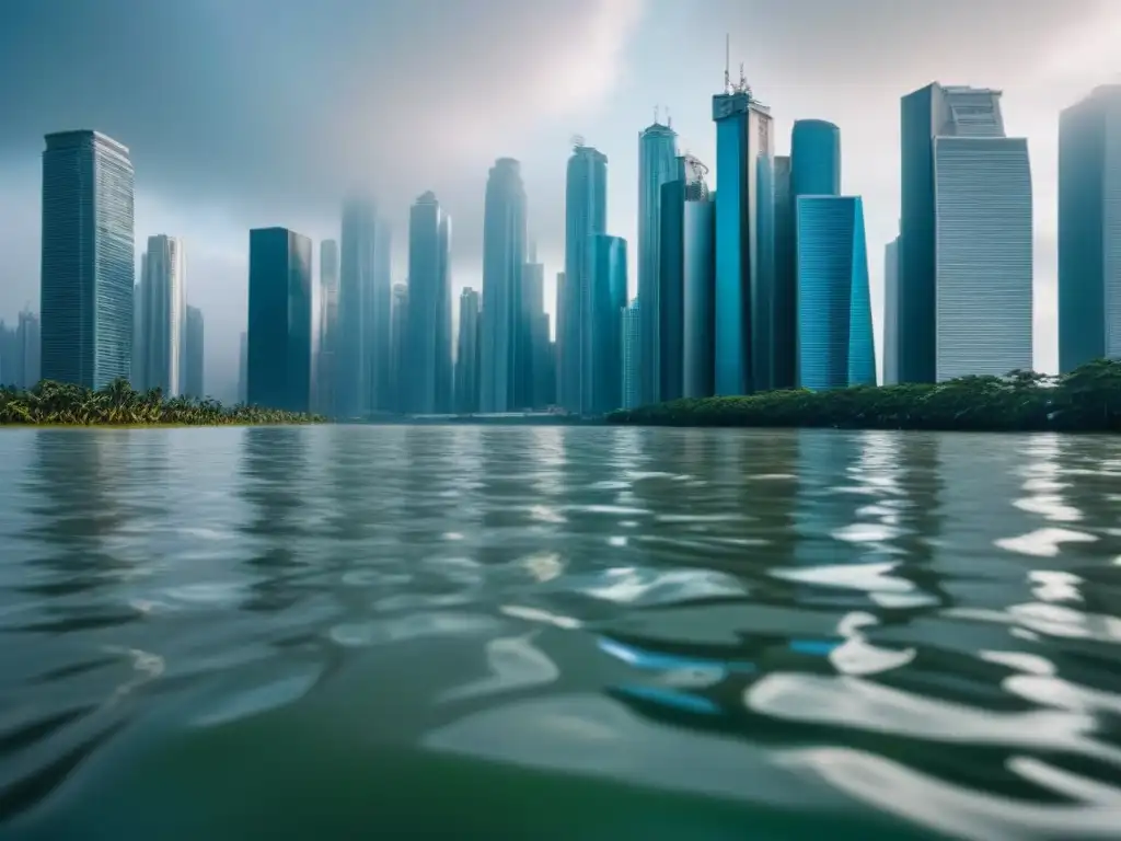 Inversión inmobiliaria en riesgo: ciudad futurista sumergida por el cambio climático Impacto del cambio climático en inversiones: Ciudad futurista con rascacielos rodeados por el mar, calles inundadas y urgencia de acción