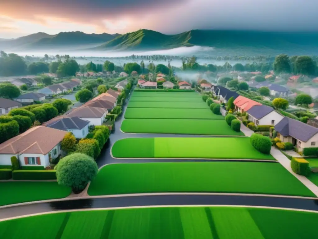Contraste impactante: propiedades frente a desastres naturales Impacto de cambios climáticos en impuestos: contraste entre propiedades verdes y dañadas por desastres naturales en vecindario suburbano