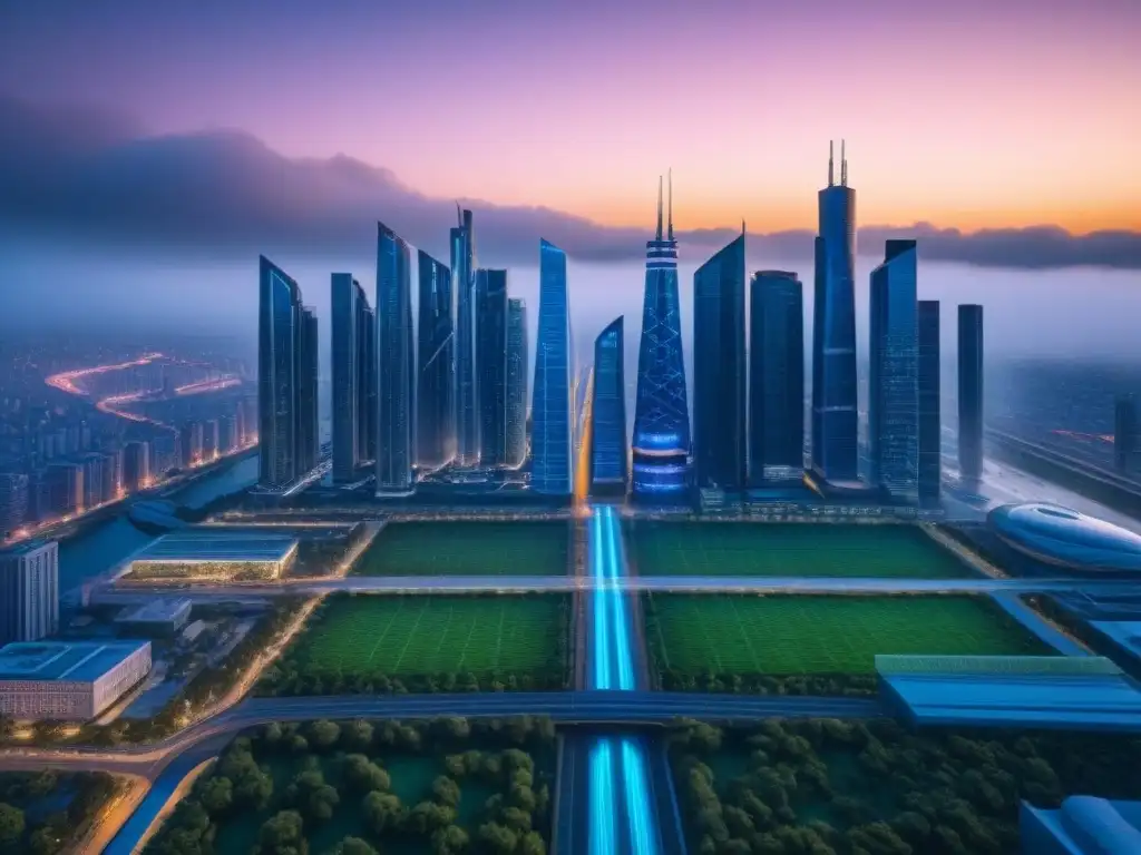 Metrópolis futurista: innovación y modernidad en 8k Impacto de cambios legales en la demanda inmobiliaria: una ciudad futurista al anochecer con rascacielos, transporte avanzado y espacios verdes