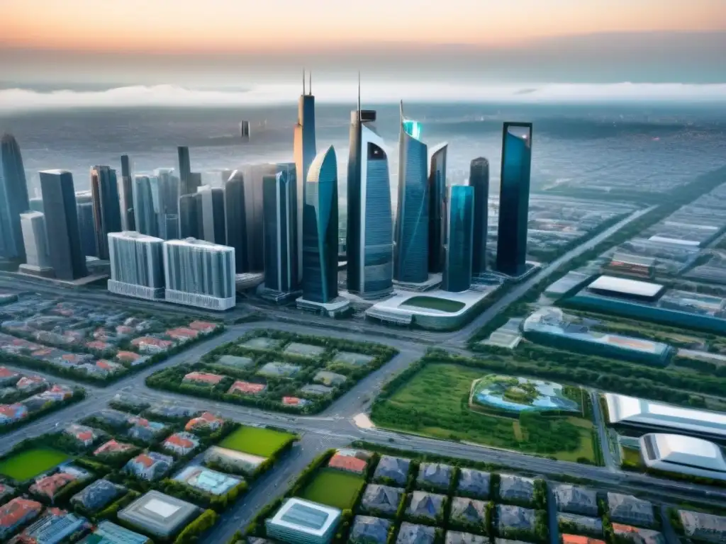 Metrópolis futurista: Ciudad moderna con rascacielos y conectividad Impacto de cambios legislativos en el mercado inmobiliario: Una ciudad futurista con rascacielos y edificios modernos, conectada y accesible