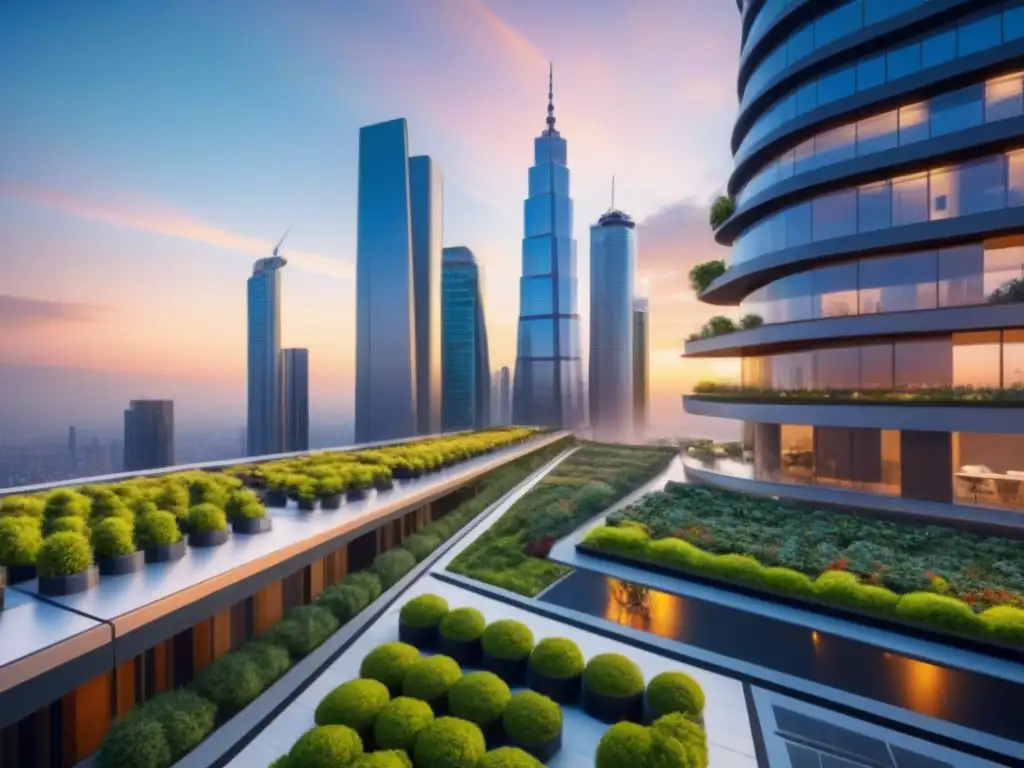 Metrópolis futurista: arquitectura innovadora y educación en armonía Impacto de cambios legislativos en el mercado inmobiliario: Una ciudad futurista con rascacielos y tecnología sostenible, reflejando el atardecer