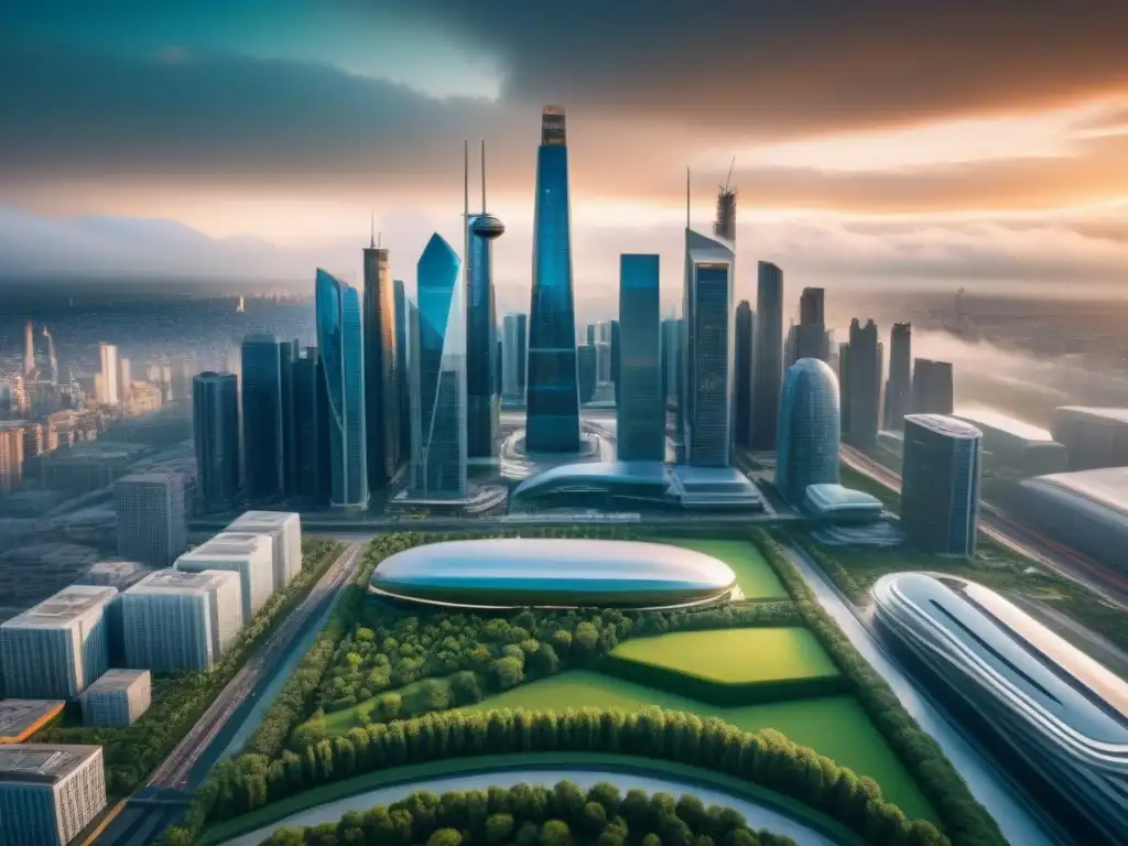 Futurismo inmobiliario: metrópolis innovadora en 8k Impacto de cambios legislativos en mercado inmobiliario: Futurista ciudad con rascacielos, diseño innovador y actividad inmobiliaria