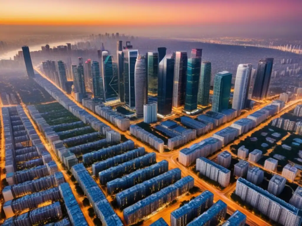Impacto de cambios en legislación en precios inmobiliarios: Vista aérea de ciudad moderna al atardecer