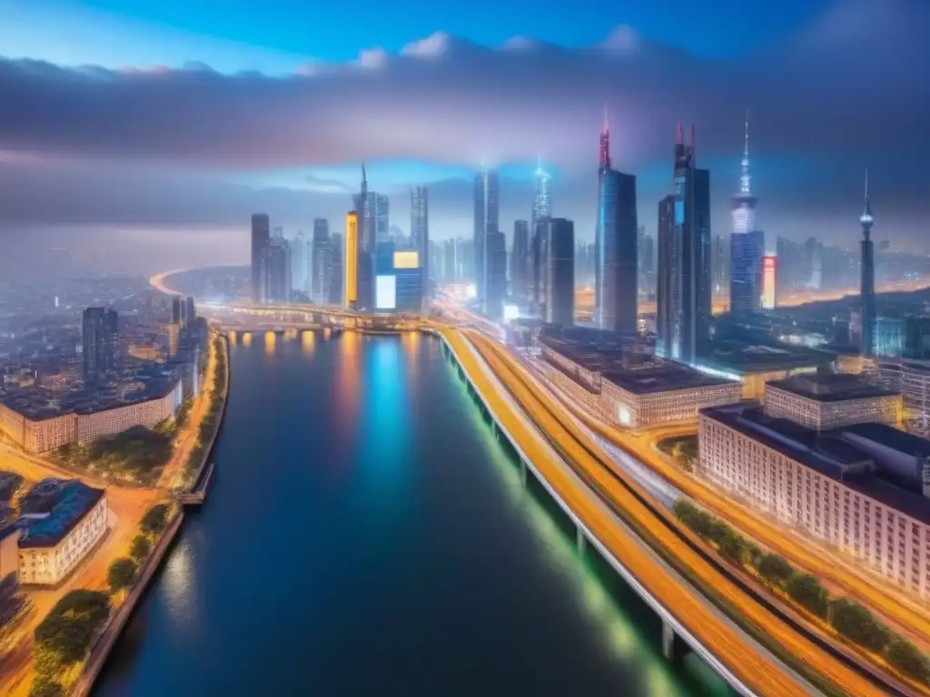 Metrópolis nocturna: luces, tráfico y arquitectura fusionada Impacto del desarrollo urbano en las economías locales: Ciudad vibrante de noche con rascacielos iluminados y calles llenas de tráfico