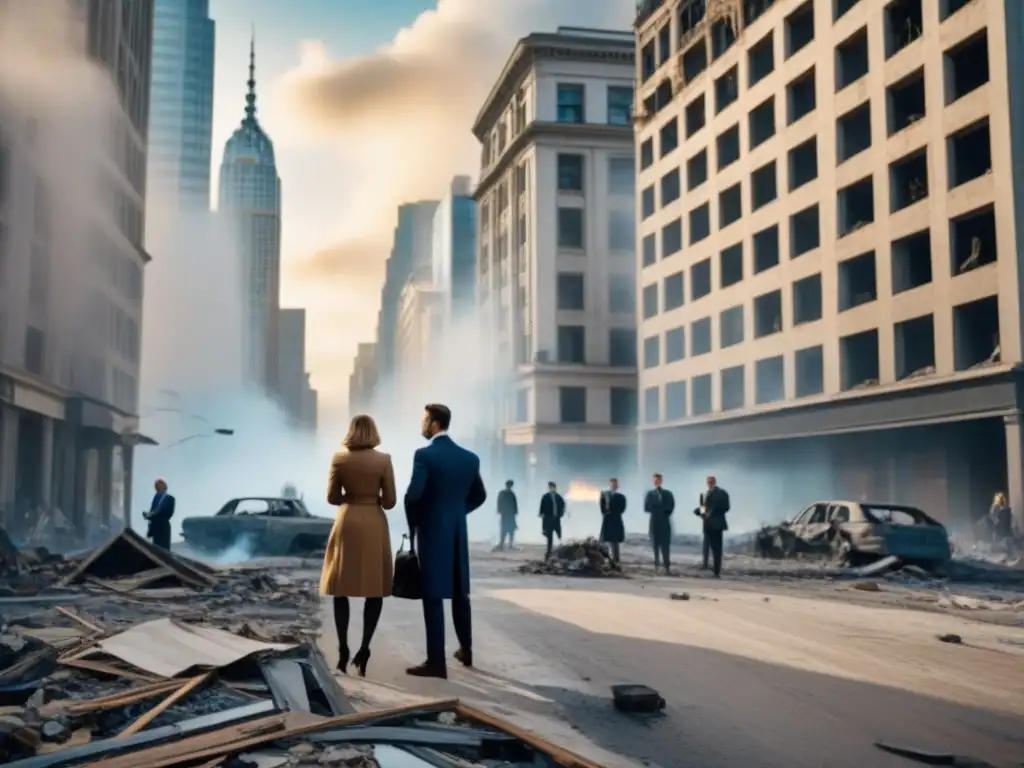 Contrastes urbanos: real estate en tiempos de guerra Impacto de guerras mundiales en el mercado inmobiliario: inmuebles destruidos y agentes inmobiliarios perseverantes en plena ciudad devastada