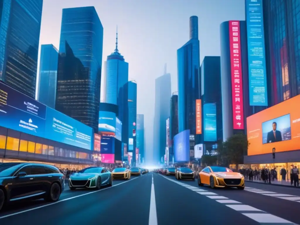 Metrópolis futurista: innovación en la financiación inmobiliaria Impacto de innovaciones tecnológicas en el financiamiento inmobiliario: Ciudad futurista de noche con rascacielos iluminados y hologramas financieros