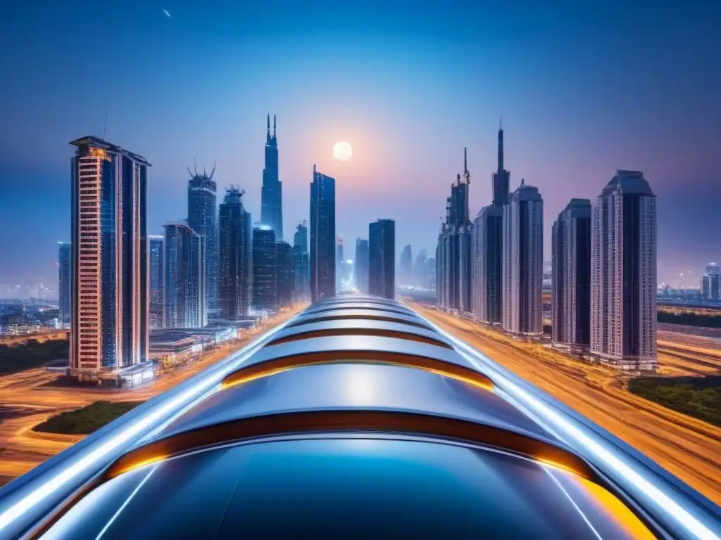 Metrópolis futurista: luces, tecnología y ciencia ficción Impacto de innovaciones tecnológicas en el financiamiento inmobiliario de una ciudad futurista con rascacielos iluminados y transporte avanzado