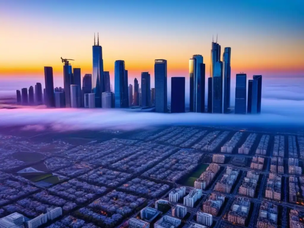 Impacto de la legislación en la inversión de bienes raíces: ciudad moderna al atardecer, rascacielos reflejando el sol