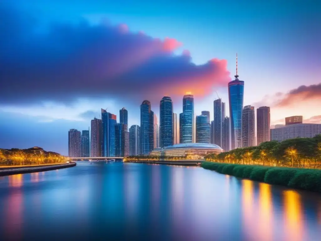 Horizonte urbano moderno y vibrante: impacto del Sarbanes-Oxley en financiamiento inmobiliario Impacto ley Sarbanes Oxley en el financiamiento inmobiliario: Skyline moderno iluminado al anochecer sobre un río tranquilo