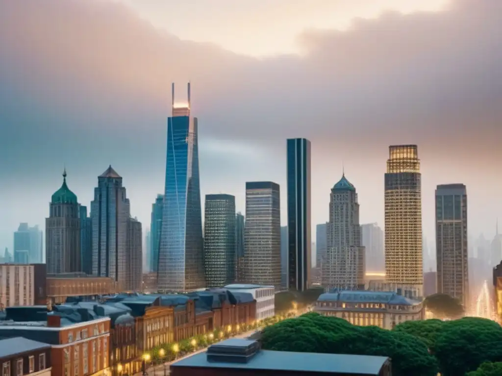 Contraste urbano: preservación vs Impacto de leyes de patrimonio en inversiones inmobiliarias: contraste entre edificio histórico y rascacielos moderno en skyline de ciudad