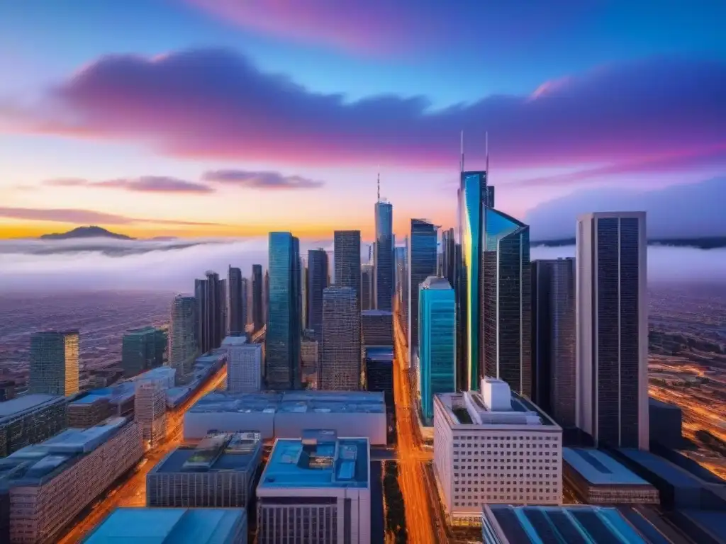 Horizonte urbano al atardecer: dinamismo y desarrollo económico Impacto del PIB y mercado inmobiliario: Ciudad bulliciosa al atardecer con rascacielos y calles llenas de vida