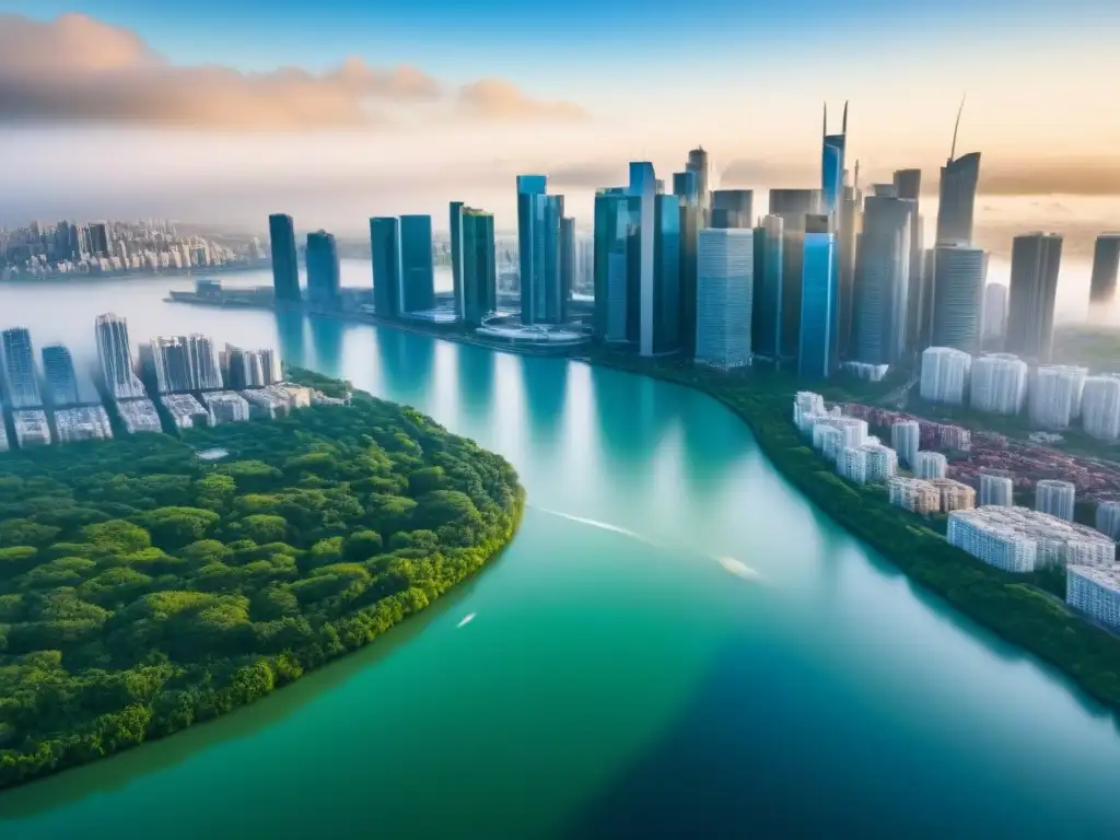 Horizonte urbano moderno y dinámico | Impacto inmobiliario Impacto del mercado inmobiliario en decisiones de compra: Skyline moderno con rascacielos y parques verdes