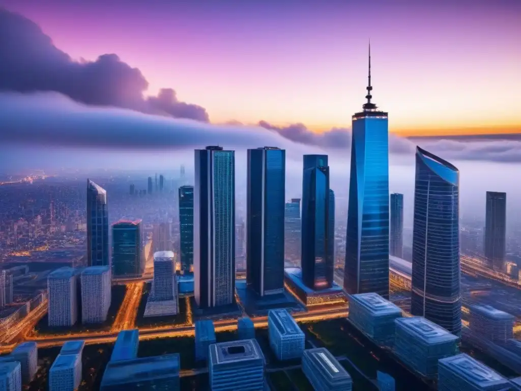 Impacto de la política monetaria en préstamo hipotecario: Ciudad moderna al atardecer, con rascacielos iluminados y profesionales en discusión