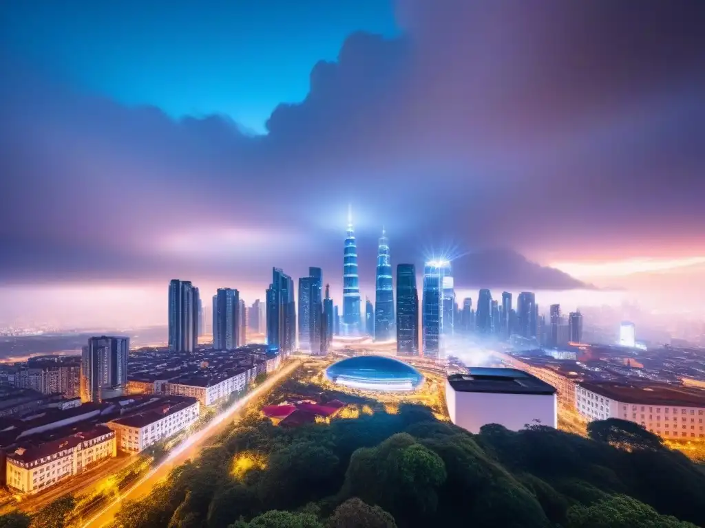Metrópolis futurista: fusión de arquitectura tradicional y diseño moderno Impacto de la política monetaria en propiedades: ciudad futurista con rascacielos iluminados y diseño tradicional y moderno