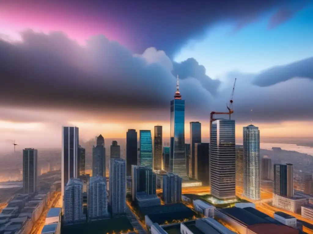 Escena urbana: Mercado inmobiliario dinámico en metrópolis 8k Impacto de la política monetaria en propiedades: escena vibrante de mercado inmobiliario con rascacielos y profesionales negociando
