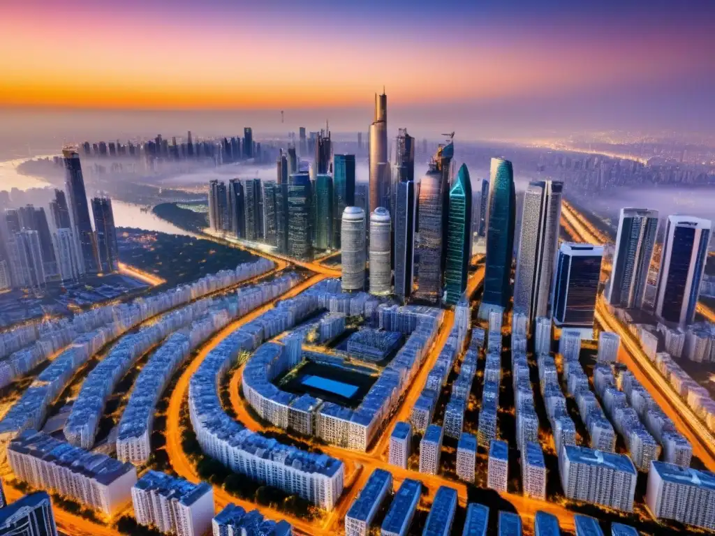 Impacto de políticas en el financiamiento inmobiliario: vista aérea de ciudad moderna al atardecer