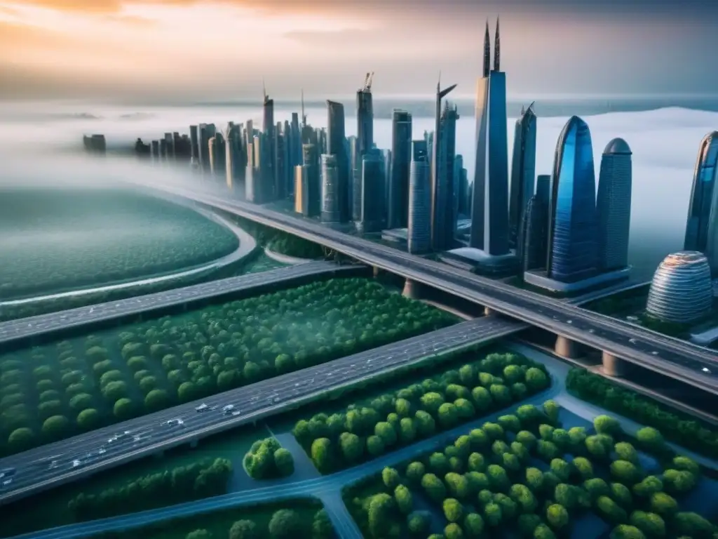 Impacto de políticas en financiamiento inmobiliario: Futurista ciudad integrando tecnología y naturaleza en armonía