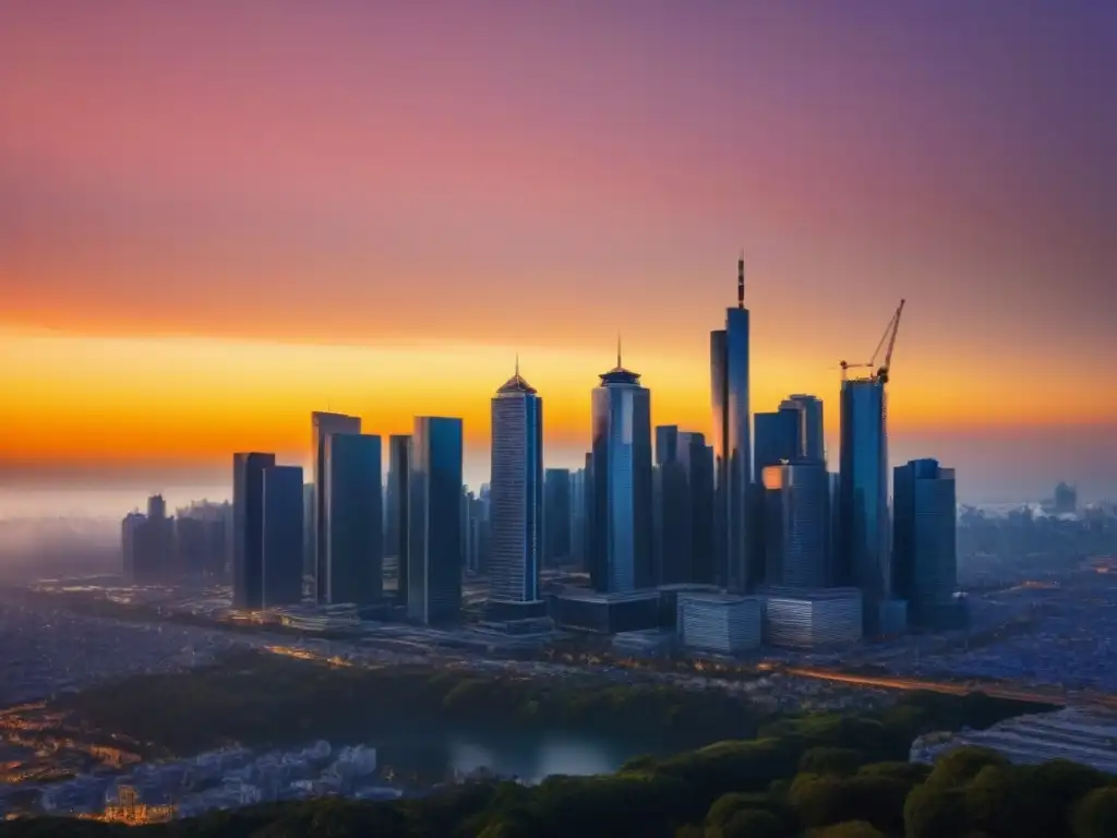 Horizonte urbano moderno al atardecer: seguro para tus activos Impacto de seguros en bienes raíces: Horizonte urbano moderno al atardecer, rascacielos reflejando la luz dorada