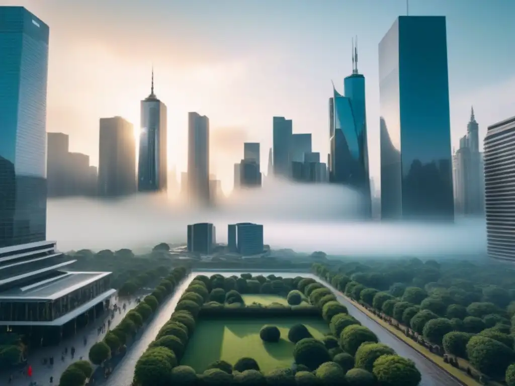 Skyline urbano con datos: Intereses y valores inmobiliarios en 8k Impacto de tasas de interés en los valores de propiedades: un skyline moderno con gráficos futuristas sobre valor de inmuebles