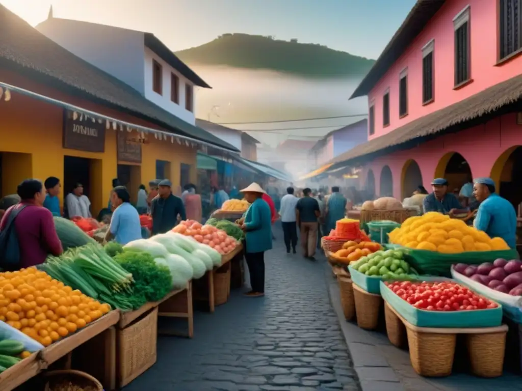 Mercado tradicional latinoamericano: vida y color en 8k Impacto de tradiciones locales en mercado inmobiliario: Escena vibrante de un mercado latinoamericano con vendedores y arquitectura colorida