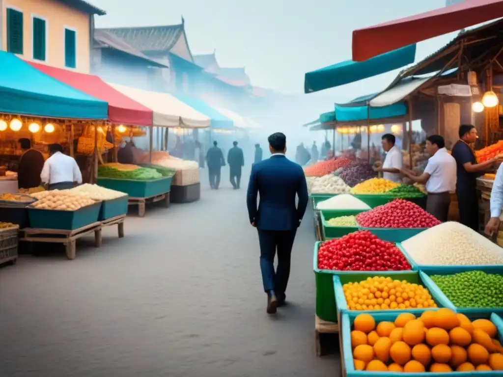 Mercado local tradicional: colores vibrantes y arquitectura diversa Impacto de tradiciones locales en el mercado inmobiliario: mercado local bullicioso con colores vibrantes y arquitectura moderna y tradicional