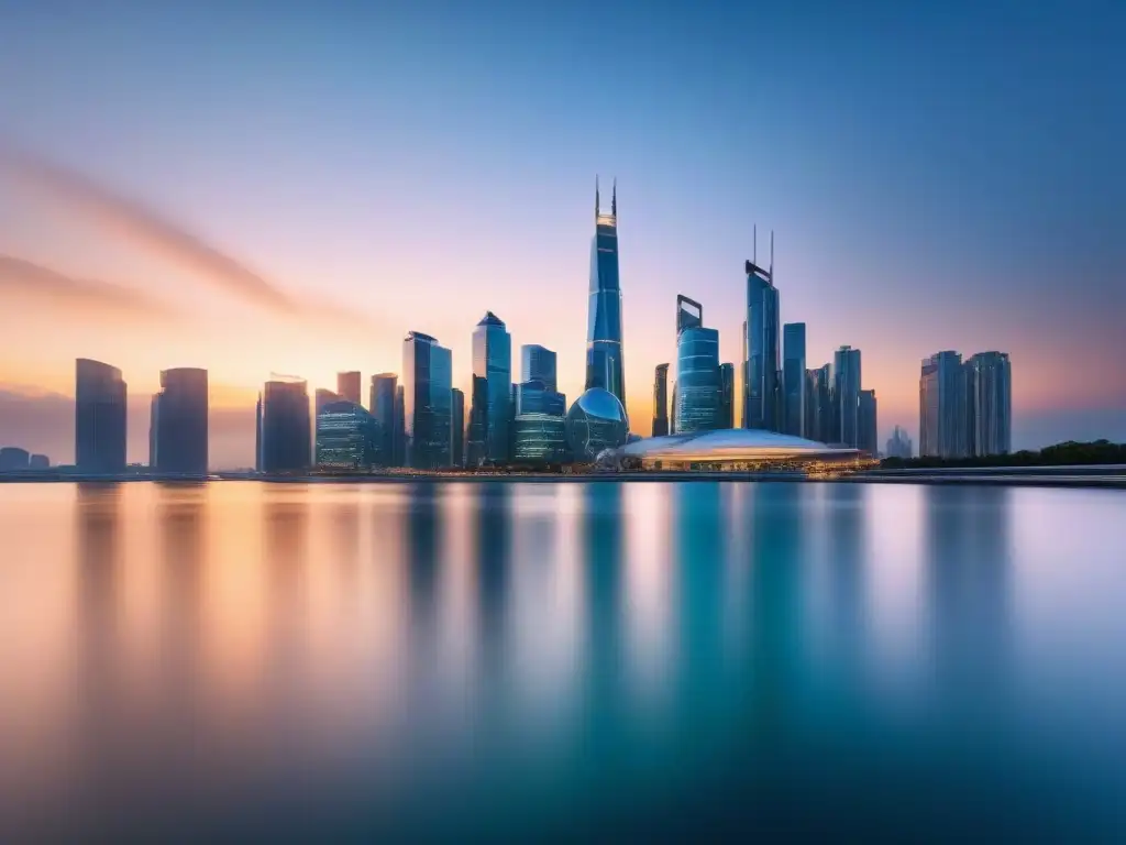 Futurismo financiero: ciudad skyline 8K al atardecer Imponente ciudad futurista al atardecer, reflejando modernidad y sofisticación en servicios financieros mercado inmobiliario
