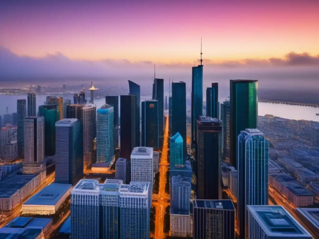 Horizonte urbano moderno al atardecer: seguro para propiedades Imponente ciudad moderna al atardecer, resaltando la importancia de seguros en el aumento de valor de inmuebles