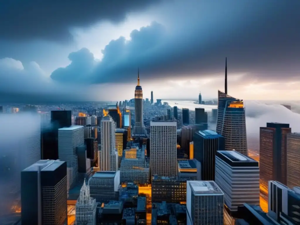Horizonte urbano de seguros: arquitectura futurista en tormenta Imponente ciudad moderna con rascacielos de seguros desastres naturales inversión inmobiliaria bajo nubes tormentosas