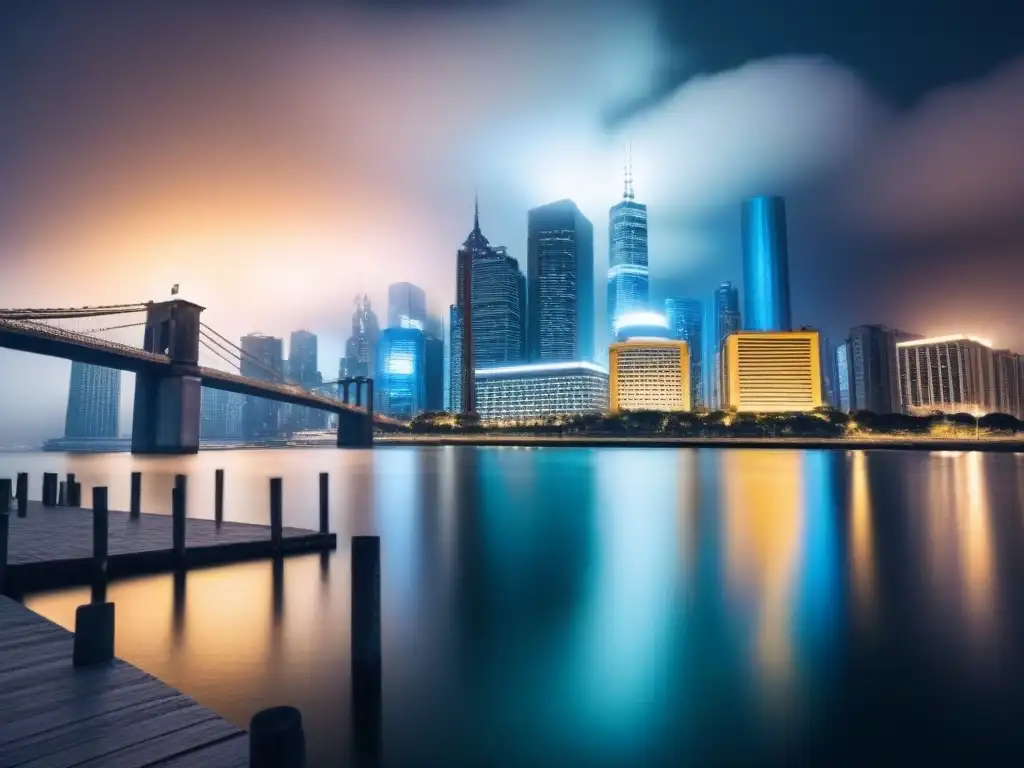 Brillo urbano: skyline nocturno de rascacielos iluminados Imponente ciudad nocturna de rascacielos iluminados y río sereno, reflejando sofisticación para inversores en normativa financiamiento inmobiliario