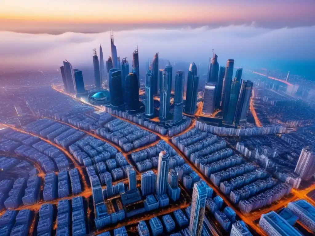 Vista aérea impresionante de metrópolis en desarrollo Imponente ciudad con rascacielos y proyectos inmobiliarios colosales
