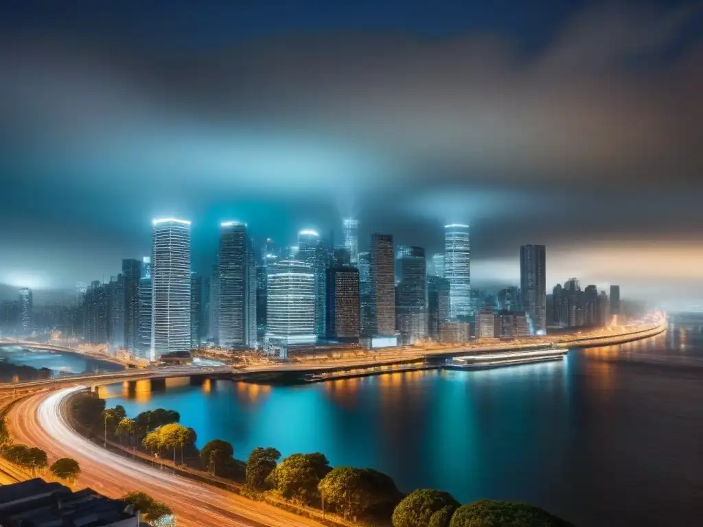Esplendor urbano nocturno: luces y desarrollo económico El imponente desarrollo urbano ilumina la ciudad de noche, mostrando el impacto en las economías locales