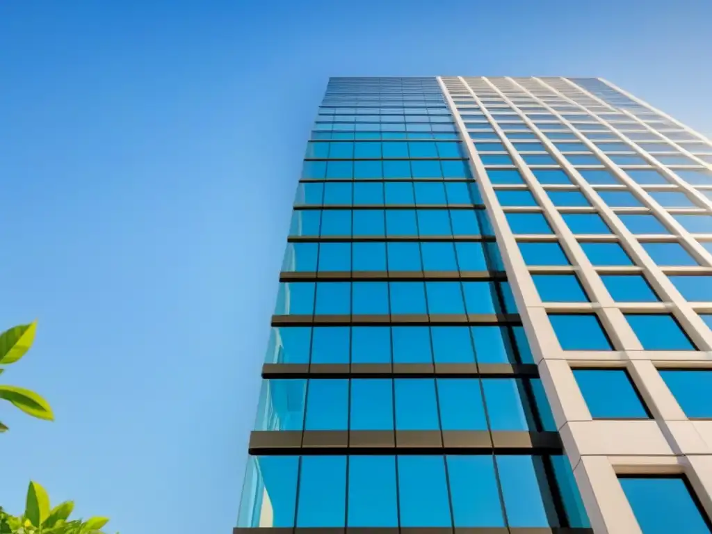 Edificio de alta gama: moderno y elegante en entorno sereno Un imponente edificio de cristal rodeado de exuberante vegetación bajo un cielo azul claro, ideal para Seguros de Propiedad en Inversión