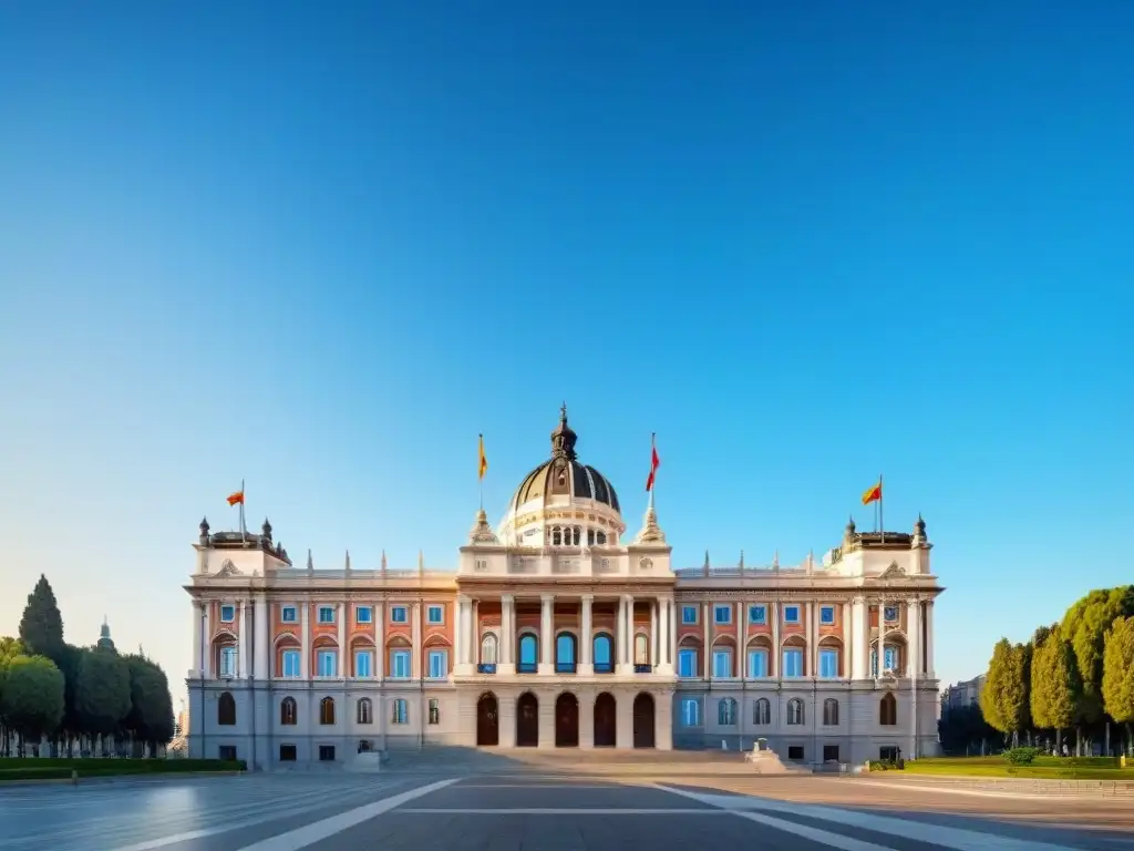 Arquitectura moderna del Parlamento en Madrid: impactante imagen en 8k Imponente edificio del Parlamento Español en Madrid, con líneas modernas y fachadas de cristal, bajo cielo azul