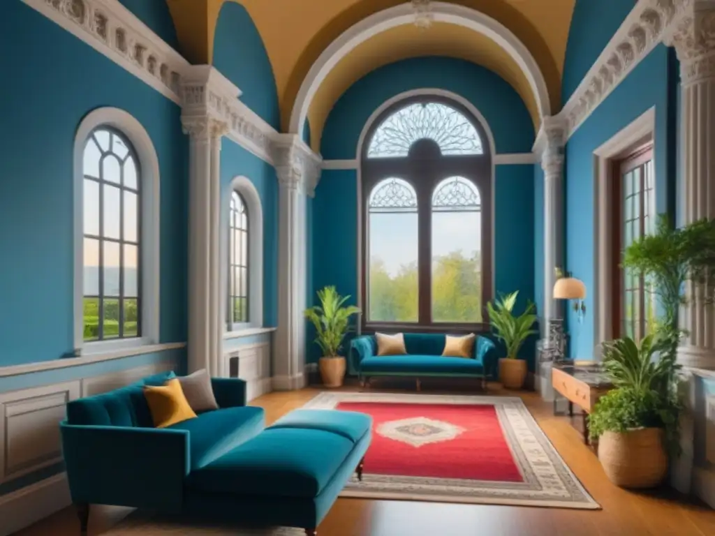 Edificio histórico restaurado: detalle arquitectónico en 8k Imponente edificio histórico restaurado rodeado de jardines verdes y muebles modernos