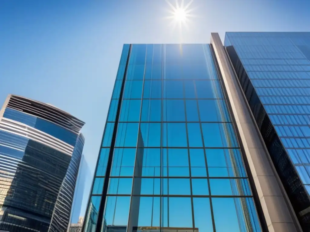 Edificio contemporáneo de oficinas: sofisticación en el horizonte urbano Imponente edificio de oficinas con fachada de vidrio, reflejando el paisaje urbano bajo cielo azul
